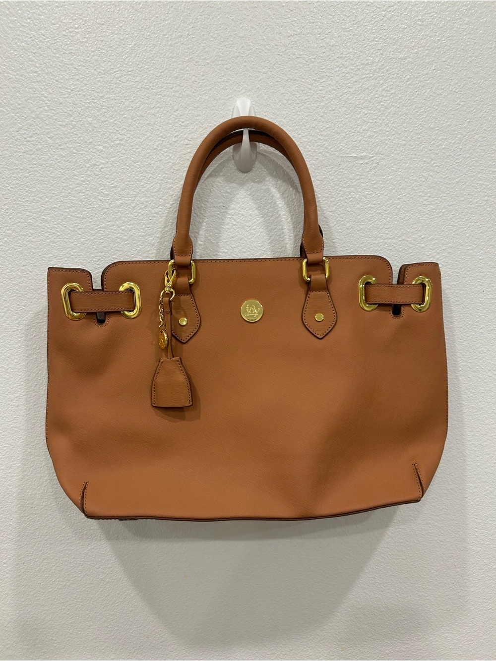 Joy Magano Tan Leather Tote Bag with Gold Hardware and Attached Wristlet